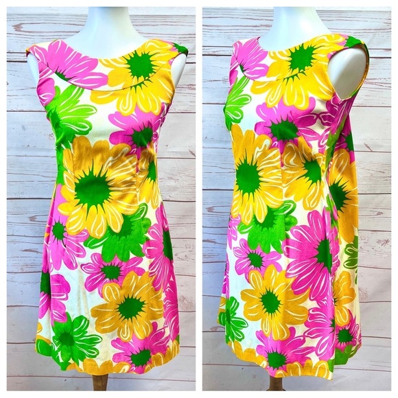 Vintage Dresses & Skirts - Vintage Hawaiian MCM Mid Century Mod Neon Flower Power Shift Cape Dress